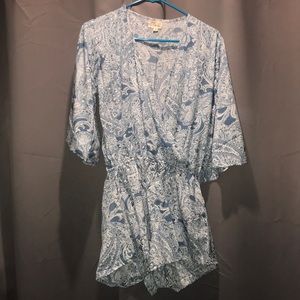 Blue and white paisley print romper